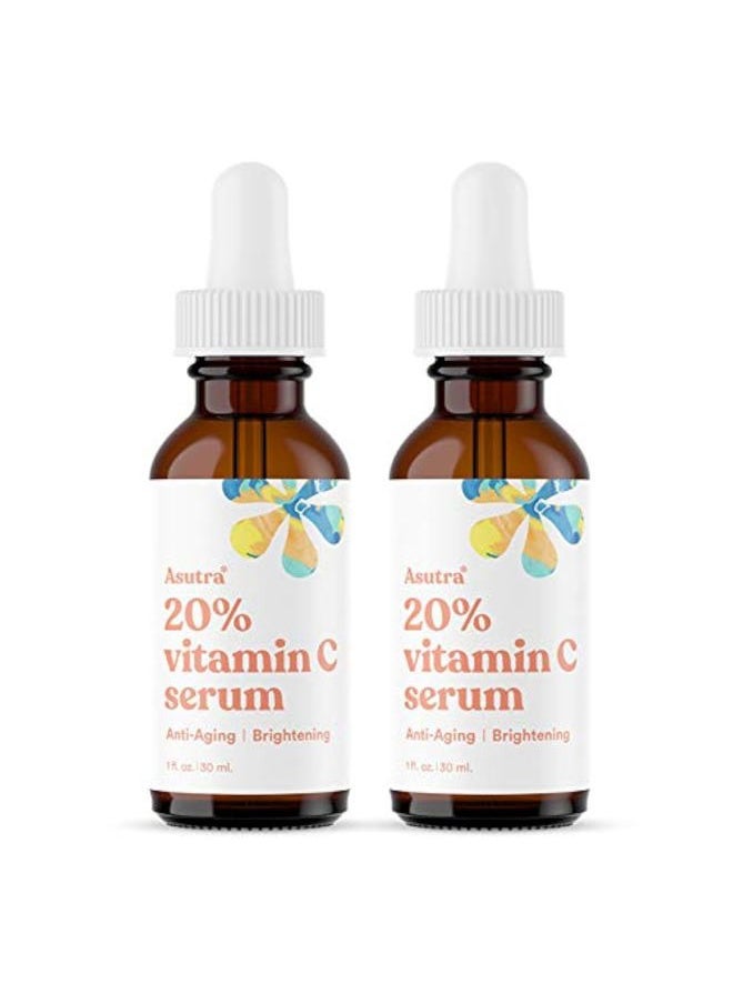20% Vitamin C Serum, 1 fl oz (Pack of 2) - Ferulic & Hyaluronic Acid, Vitamin E, Aloe, Jojoba, Brightening Face Serum