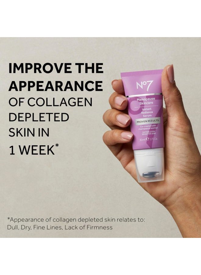 Menopause Skincare Instant Radiance Serum – Hydrating Facial Serum with Hyaluronic Acid + Collagen Peptides for Firmer, Healthier Looking Skin – With Cooling Applicator (30ml)