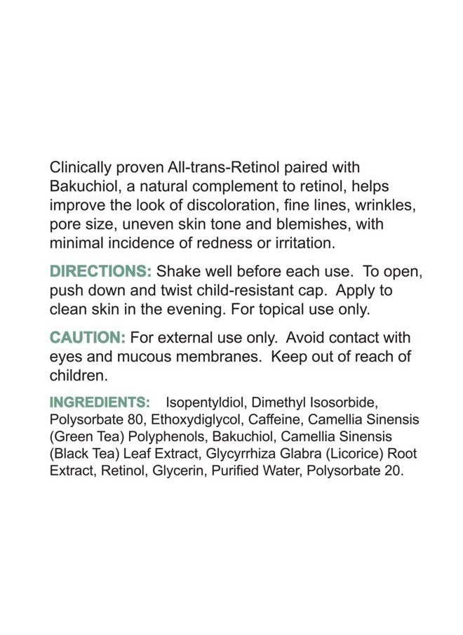 Anti-Aging Retinol + Bakuchiol Concentrated Face Serum, Medical-Grade Facial Treatment for Mature, Uneven Skin (1 fl. oz)