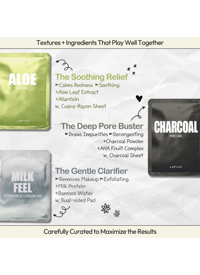 Daily Sheet Mask Variety Pack 7+1 (Version 1) Daily Face Masks - Hydrate, Clarify, Nourish, Exfoliate & Renew Skin, Korean Beauty Favorite (8 pack)