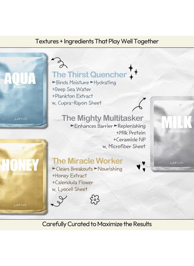 Daily Sheet Mask Variety Pack 7+1 (Version 1) Daily Face Masks - Hydrate, Clarify, Nourish, Exfoliate & Renew Skin, Korean Beauty Favorite (8 pack)