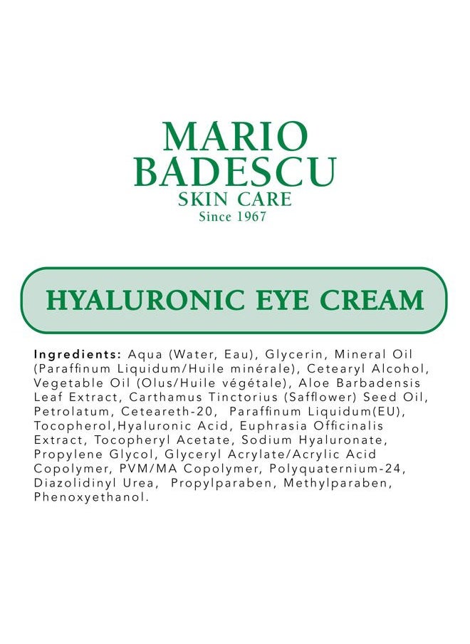 Hyaluronic Eye Cream Anti Aging for All Skin Types, Under Eye Cream for Dark Circles and Puffiness, Formulated with Hyaluronic Acid & Glycerin, 0.5 Ounce