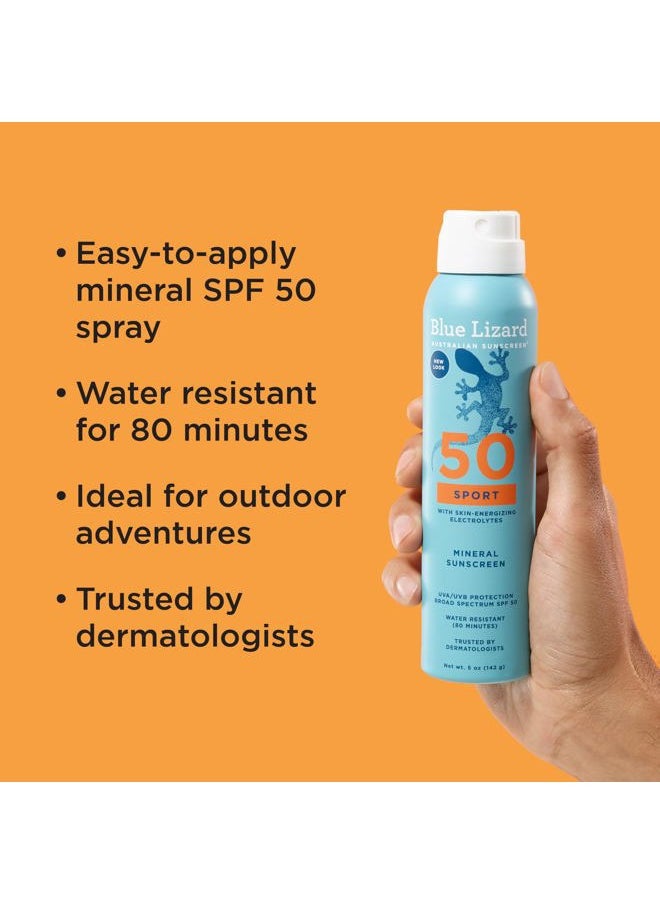 Sport Mineral Sunscreen Spray SPF 50+, Dermatologist-Recommended Brand, Broad-Spectrum UVA/UVB Protection, Water-Resistant, Zinc Oxide Formula, Vegan, 5 fl oz