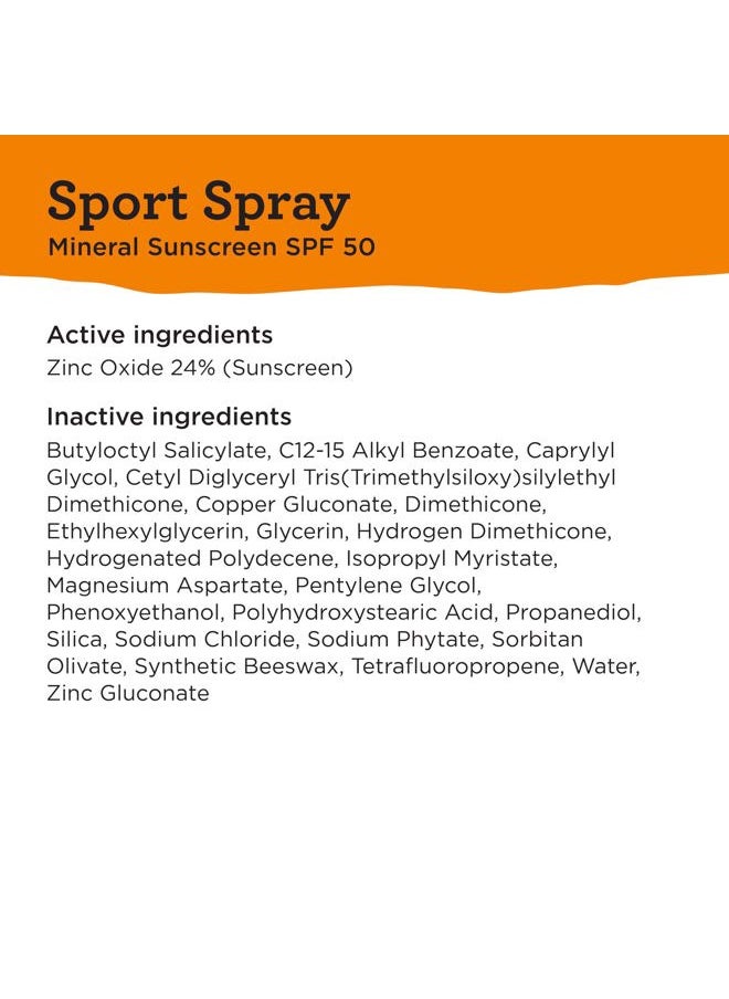 Sport Mineral Sunscreen Spray SPF 50+, Dermatologist-Recommended Brand, Broad-Spectrum UVA/UVB Protection, Water-Resistant, Zinc Oxide Formula, Vegan, 5 fl oz