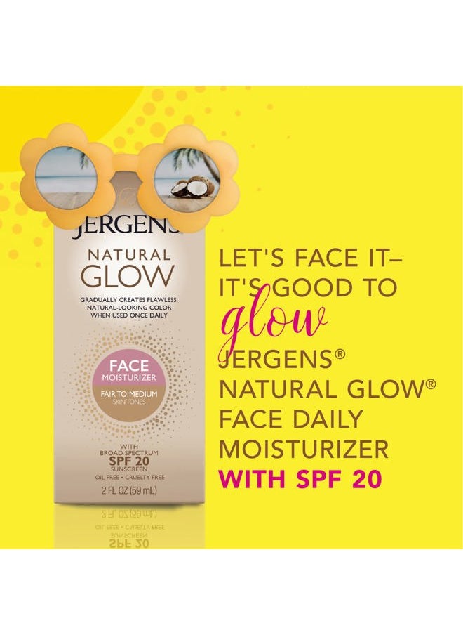Natural Glow Face Self Tanner Body Lotion with SPF 20, Fair to Medium Skin Tone, Sunless Tanning, Daily Facial Sunscreen, Oil Free, Broad Spectrum UVA and UVB Protection, 2 Oz