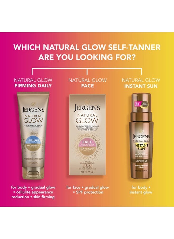 Natural Glow Face Self Tanner Body Lotion with SPF 20, Fair to Medium Skin Tone, Sunless Tanning, Daily Facial Sunscreen, Oil Free, Broad Spectrum UVA and UVB Protection, 2 Oz