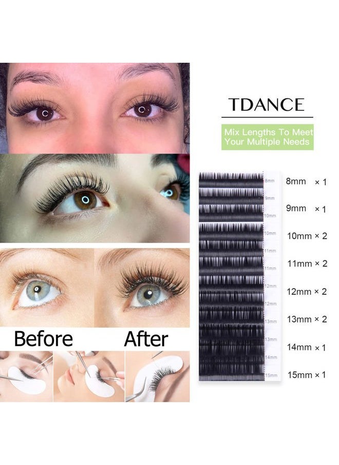 Premium C CC D DD J B L Curl 0.03-0.18mm Thickness Semi Permanent Individual Eyelash Extensions Silk Classic Lashes Professional Salon Use Mixed 8-15mm Length In One Tray (D-0.18,8-15mm)