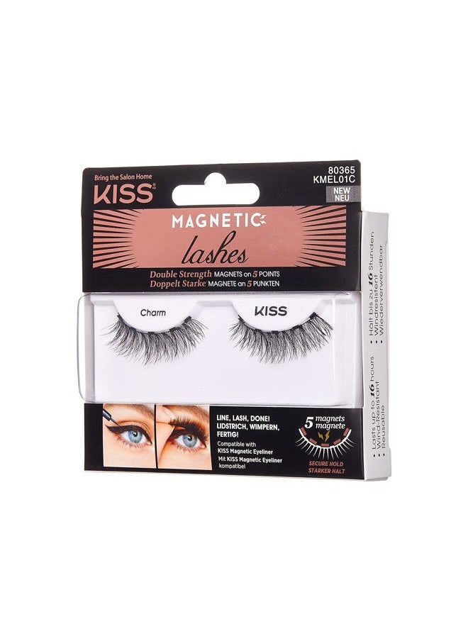 Magnetic Lashes, Charm, 1 Pair of Synthetic False Eyelashes With 5 Double Strength Magnets, Wind Resistant, Dermatologist Tested Fake Lashes Last Up To 16 Hours, Reusable Up To 15 Times, Black