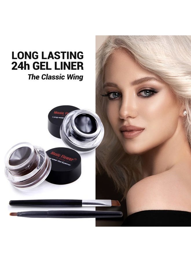 Gel Eyeliner, Black and Brown Eyeliner Waterproof Long Lasting Smudge Proof Gel Liner with 2 Brushes, Easy to Apply Eye Makeup 3 g, Pack of 2