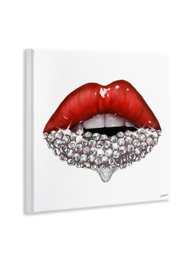 Red Glam Lips with Glistening Cosmetic Stones Wall Art, 12x12, White