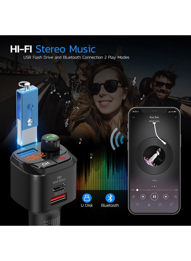 Bluetooth 5.0 FM Transmitter for Car, QC3.0 & USB-C PD 18W Wireless Bluetooth Radio Adapter Music Player Car Kit with Bass Booster, Hands-Free Calls-NX12
