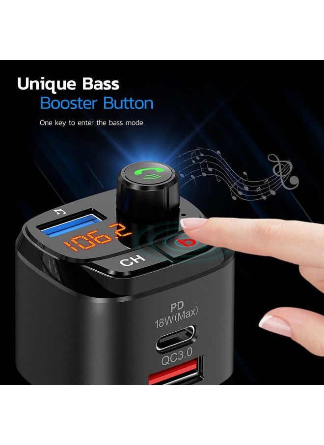 Bluetooth 5.0 FM Transmitter for Car, QC3.0 & USB-C PD 18W Wireless Bluetooth Radio Adapter Music Player Car Kit with Bass Booster, Hands-Free Calls-NX12