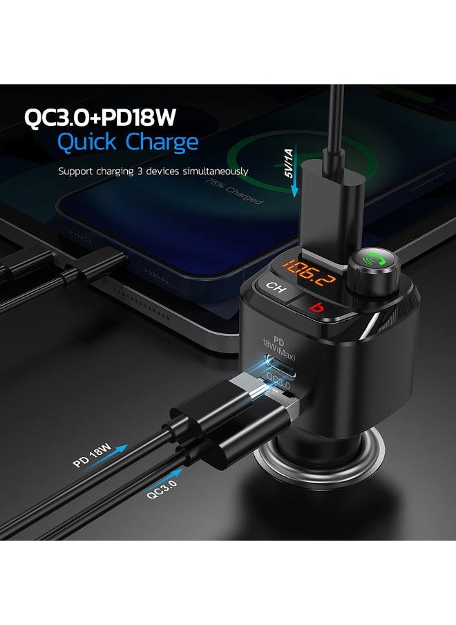 Bluetooth 5.0 FM Transmitter for Car, QC3.0 & USB-C PD 18W Wireless Bluetooth Radio Adapter Music Player Car Kit with Bass Booster, Hands-Free Calls-NX12