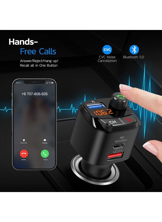 Bluetooth 5.0 FM Transmitter for Car, QC3.0 & USB-C PD 18W Wireless Bluetooth Radio Adapter Music Player Car Kit with Bass Booster, Hands-Free Calls-NX12