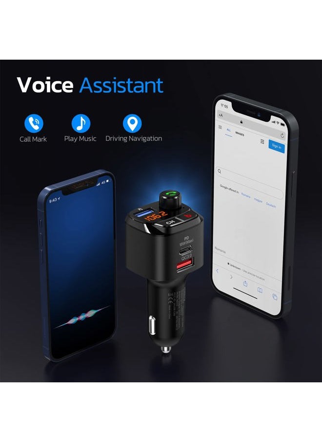 Bluetooth 5.0 FM Transmitter for Car, QC3.0 & USB-C PD 18W Wireless Bluetooth Radio Adapter Music Player Car Kit with Bass Booster, Hands-Free Calls-NX12
