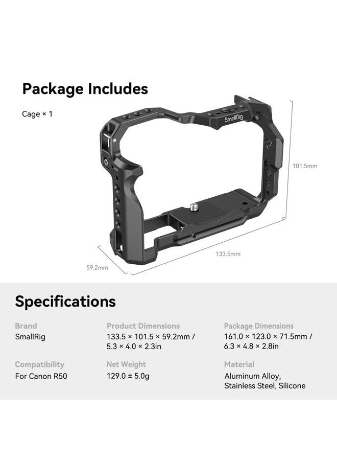 SmallRig R50 Cage for Canon R50 Camera, Aluminum Alloy with Quick Release Plate for Arca Stand, Cold Shoe, NATO Rail and Threaded Holes - 4214