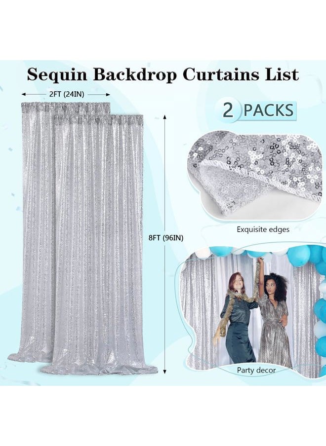 Silver Sequin Backdrop 2 Panels 2FTx8FT Christmas Party Backdrop Curtains Glitter Photo Background for Wedding Baby Shower Stage Decorations