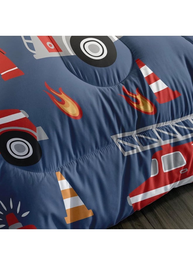 QOOMO Fire Truck Comforter Twin Size, Truck Kids Comforter Set, 3Pcs Bedding Set Printed Comforter with 2 Pillowcases, Down Alternative, Soft and Lightweight, for All Seasons