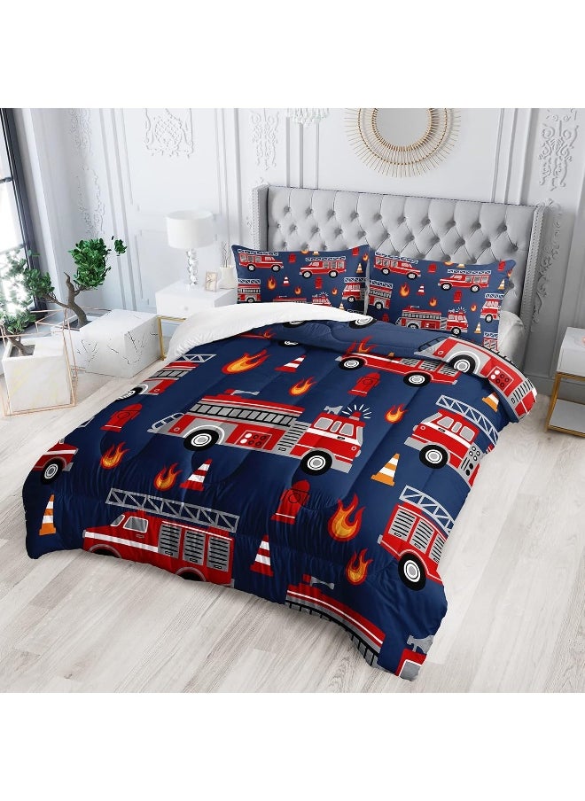 QOOMO Fire Truck Comforter Twin Size, Truck Kids Comforter Set, 3Pcs Bedding Set Printed Comforter with 2 Pillowcases, Down Alternative, Soft and Lightweight, for All Seasons
