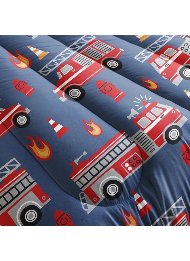 QOOMO Fire Truck Comforter Twin Size, Truck Kids Comforter Set, 3Pcs Bedding Set Printed Comforter with 2 Pillowcases, Down Alternative, Soft and Lightweight, for All Seasons