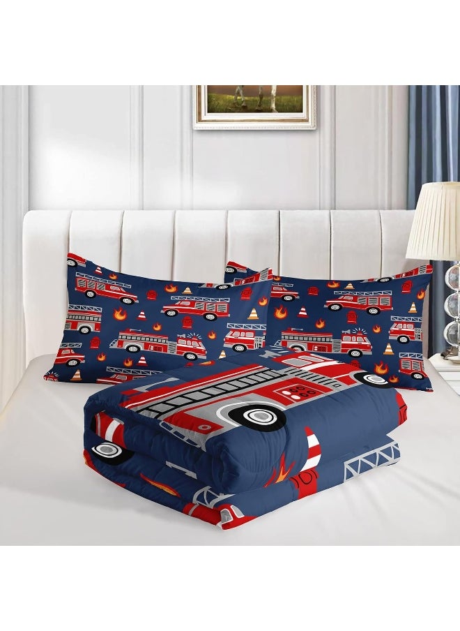 QOOMO Fire Truck Comforter Twin Size, Truck Kids Comforter Set, 3Pcs Bedding Set Printed Comforter with 2 Pillowcases, Down Alternative, Soft and Lightweight, for All Seasons