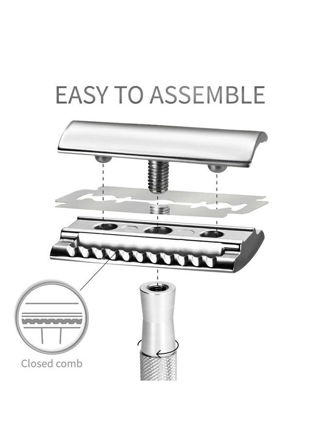 Double Edge Safety Razor for Men with Razor Stand, One Blade Metal Razor, Reusable Metal Razor with 5 Double Edge Safety Razor Blades – Silver