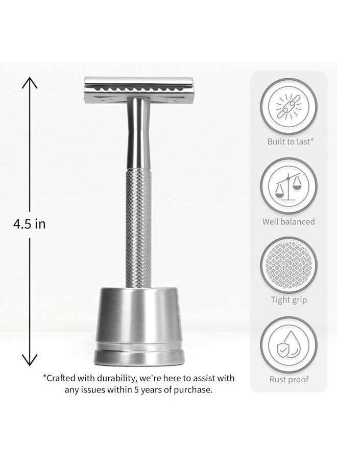 Double Edge Safety Razor for Men with Razor Stand, One Blade Metal Razor, Reusable Metal Razor with 5 Double Edge Safety Razor Blades – Silver