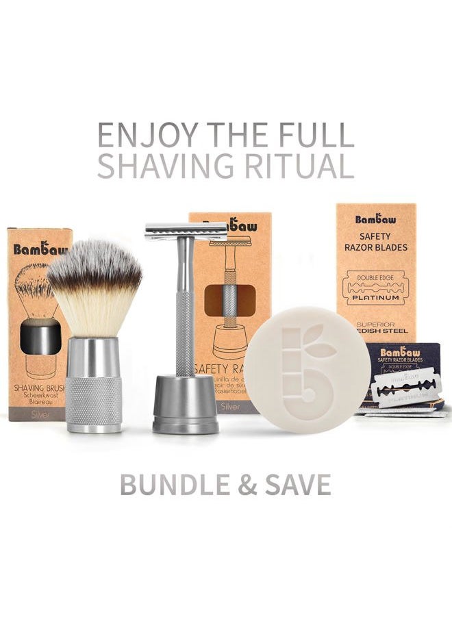 Double Edge Safety Razor for Men with Razor Stand, One Blade Metal Razor, Reusable Metal Razor with 5 Double Edge Safety Razor Blades – Silver