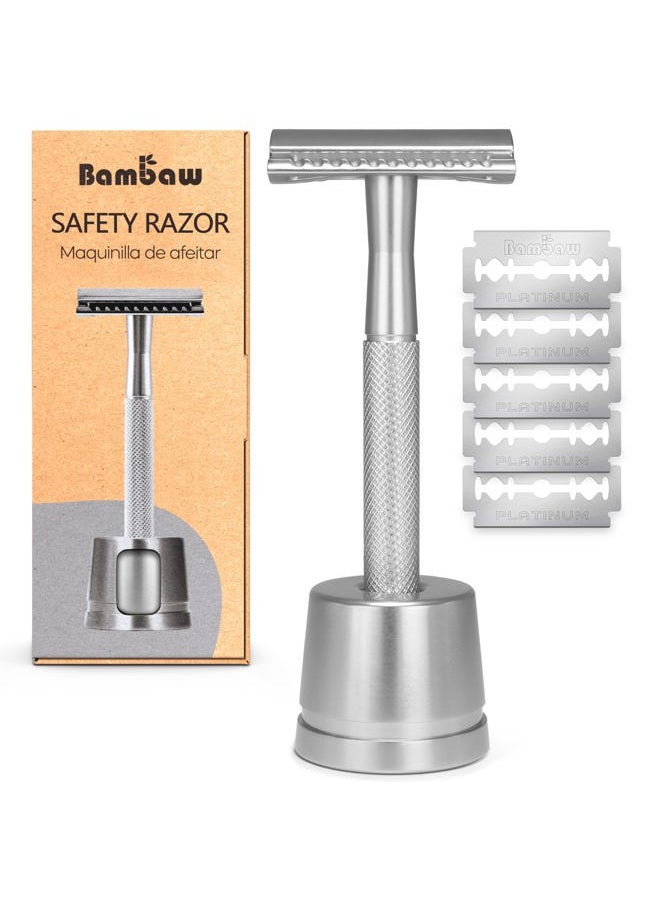 Double Edge Safety Razor for Men with Razor Stand, One Blade Metal Razor, Reusable Metal Razor with 5 Double Edge Safety Razor Blades – Silver