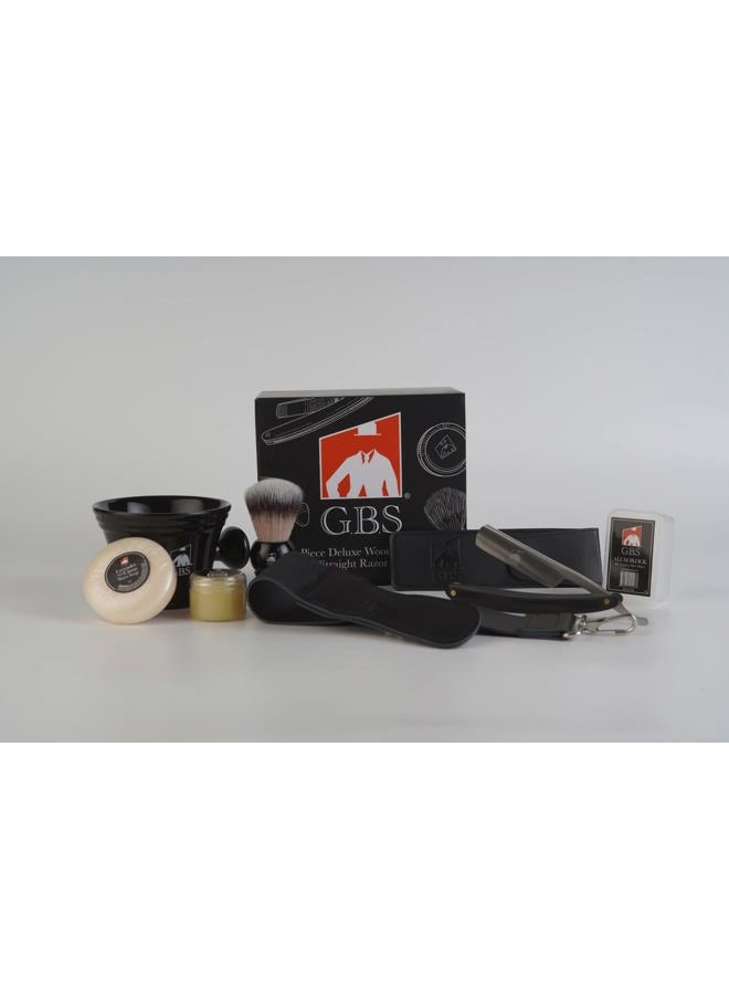 Wood Straight Razor, Complete Beard, Shaving kit Box - Mug, Natural Soap, Brush, Alum Block, Strop