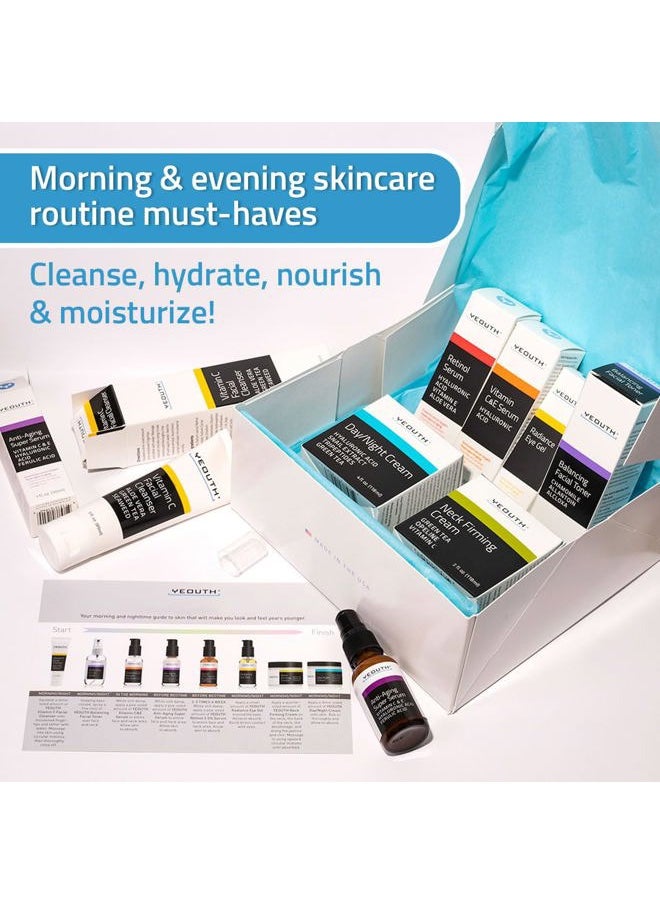 Skin Care Set: Retinol Serum with Hyaluronic Acid, Vitamin C & Super Face Serum, Cleanser, Toner, Eye Gel, Neck Cream, Face Cream 8-Piece Self Care Gifts For Women