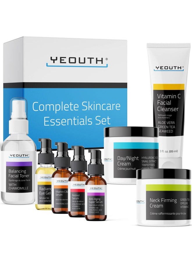 Skin Care Set: Retinol Serum with Hyaluronic Acid, Vitamin C & Super Face Serum, Cleanser, Toner, Eye Gel, Neck Cream, Face Cream 8-Piece Self Care Gifts For Women