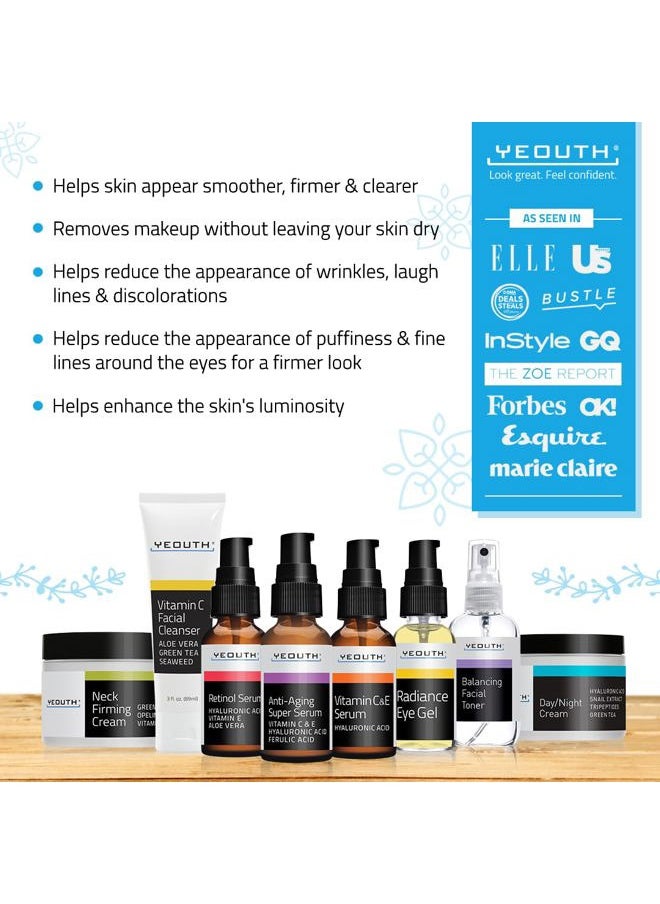 Skin Care Set: Retinol Serum with Hyaluronic Acid, Vitamin C & Super Face Serum, Cleanser, Toner, Eye Gel, Neck Cream, Face Cream 8-Piece Self Care Gifts For Women