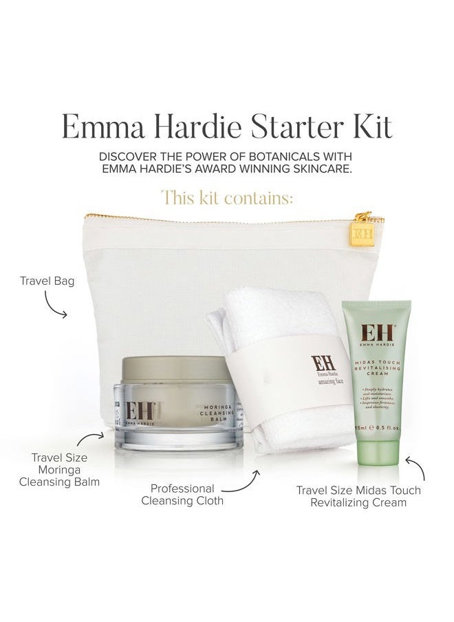 Starter Kit: Travel Size 50ml Moringa Cleansing Balm, Travel Size 15ml Midas Touch Revitalising Cream & Professional Cleansing Cloth, Packed in a Cosmetic Bag, Natural & Cruelty Free