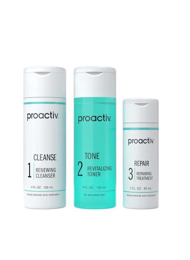 3 Step Acne Treatment - Benzoyl Peroxide Face Wash, Repairing Acne Spot Treatment for Face And Body, Exfoliating Toner - 60 Day Complete Acne Skin Care Kit