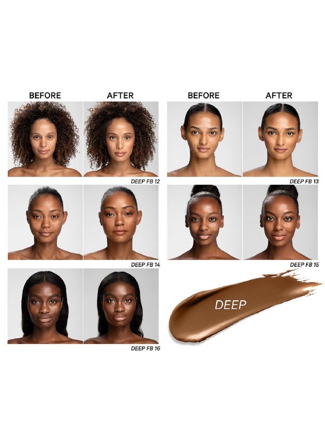 Foundation Balm, FB 12 (Deep) shade + brush: Light diffusing. Full coverage, buildable, blends, blurs, corrects, evens out complexion, and hydrates. All skin types. Makeup artist go to.