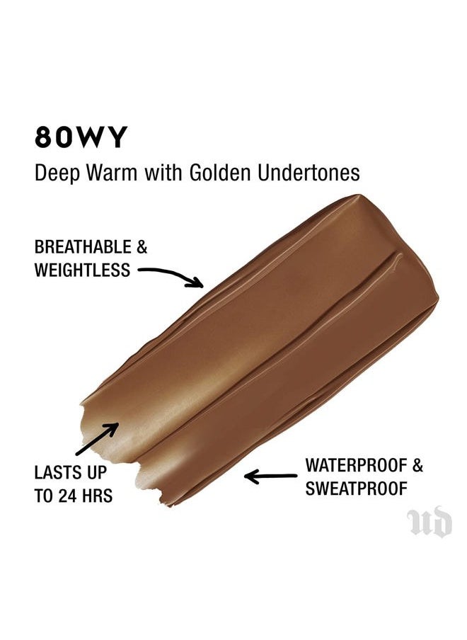 Urban Decay Stay Naked Weightless Liquid Foundation (80WY - Deep Warm - Golden Undertone), Waterproof Face Makeup, Buildable Medium Coverage with No Caking, Real-Skin Matte Finish - 1 fl oz