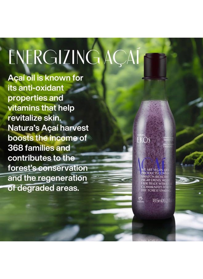 Ekos Açaí Revitalizing Exfoliating Shower Gel - Natural Exfoliants - Removes Impurities - Body Wash - Vegan Skin Care - Brazilian Beauty Secrets - Self Care & Body Care - 6.2 fl oz (185ml)