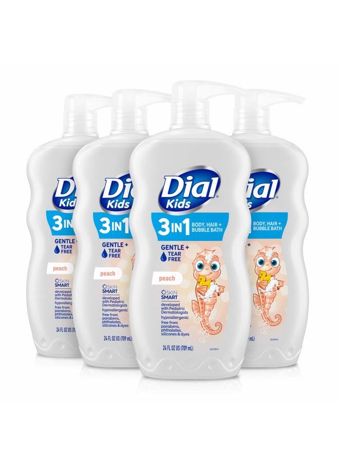 Kids 3-in-1 Body + Hair + Bubble Bath, Peach, 24 fl oz (Pack of 4)