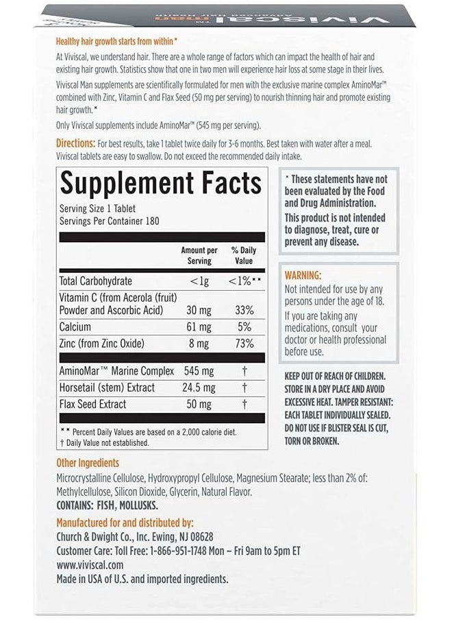 Men's Hair Growth Supplements for Thicker, Fuller Hair Clinically Proven with Proprietary Collagen Complex 180 Tablets - 3 Month Supply