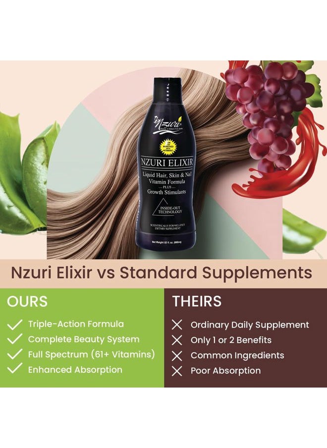 Nzuri Elixir Hair Skin and Nails Vitamins for Women and Men with Biotin, Folate, and Vitamin D for Daily Growth Supplement to Reducing Dryness, Thinning, and Loss, 32 oz.
