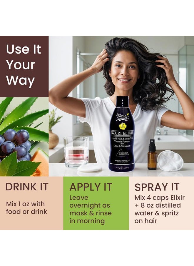 Nzuri Elixir Hair Skin and Nails Vitamins for Women and Men with Biotin, Folate, and Vitamin D for Daily Growth Supplement to Reducing Dryness, Thinning, and Loss, 32 oz.