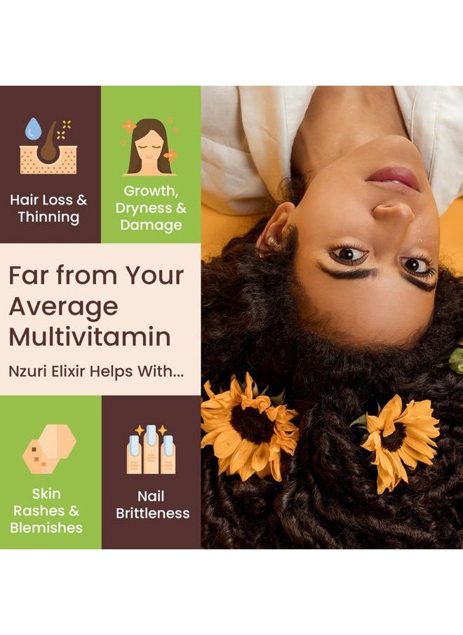 Nzuri Elixir Hair Skin and Nails Vitamins for Women and Men with Biotin, Folate, and Vitamin D for Daily Growth Supplement to Reducing Dryness, Thinning, and Loss, 32 oz.
