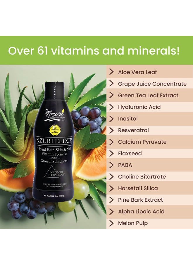 Nzuri Elixir Hair Skin and Nails Vitamins for Women and Men with Biotin, Folate, and Vitamin D for Daily Growth Supplement to Reducing Dryness, Thinning, and Loss, 32 oz.
