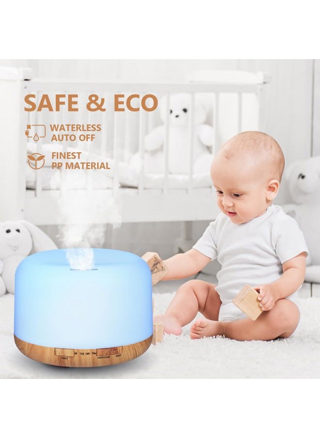 Oil Diffuser, 500ml Essential Oil Diffusers, Aromatherapy Diffuser with 2 Mist Mode 4 Timers＆7 Ambient Light Waterless Auto Off, Diffusers Large Room Home Office