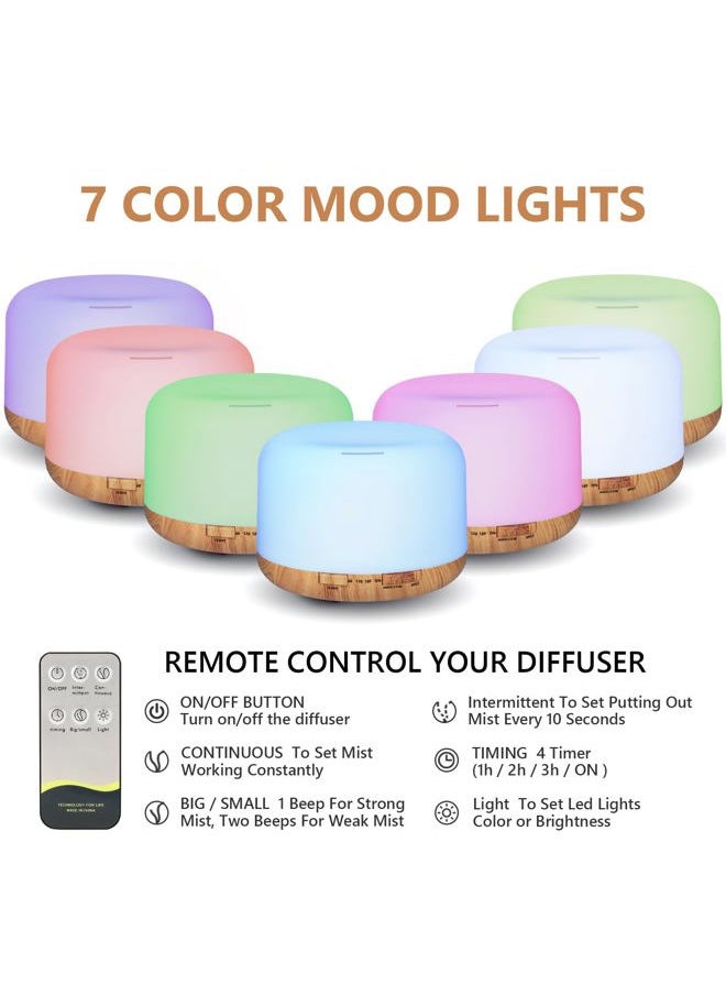 Oil Diffuser, 500ml Essential Oil Diffusers, Aromatherapy Diffuser with 2 Mist Mode 4 Timers＆7 Ambient Light Waterless Auto Off, Diffusers Large Room Home Office