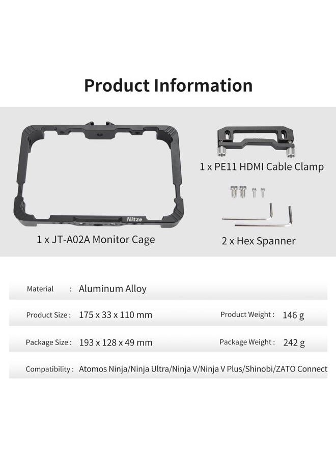 Cage for Atomos Ninja/Ninja Ultra/Ninja V/Ninja V Plus/Zato Connect/Shinobi, with HDMI Cable Clamp, Built-in NATO Rail and Cold Shoe - JT-A02A