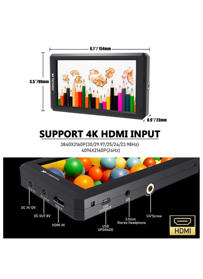 F6 On Camera Monitor Bundle 6 Inch Video Assit Monitor,4K HDMI Filed Monitor with with All Waveform,3D Lut Load (Include Battery，Micro&Mini hdmi Cords，Carry Case