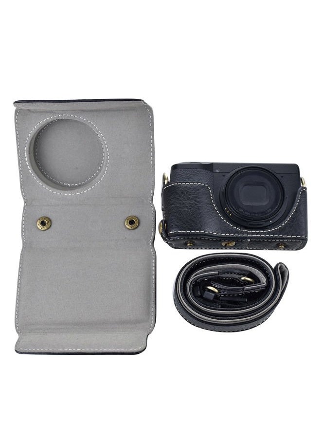 Ricoh GR III/GR IIIx Vintage PU Leather Camera Case - Protective With Strap for GRIII GR3 DSLR - Black