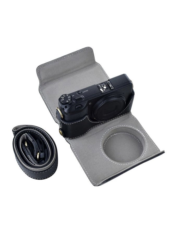 Ricoh GR III/GR IIIx Vintage PU Leather Camera Case - Protective With Strap for GRIII GR3 DSLR - Black